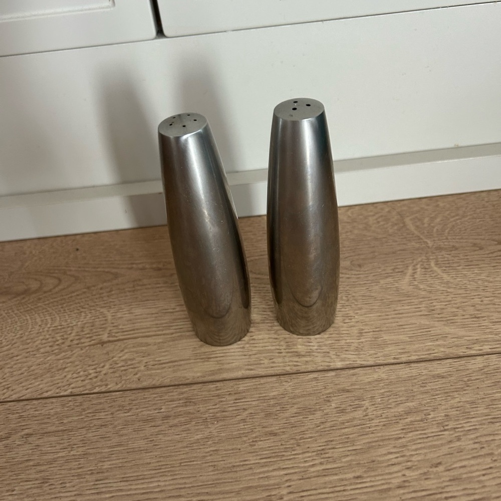 VINTAGE DANSK DESIGN DENMARK IHQ STAINLESS STEEL MODERN SALT & PEPPER SHAKERS
